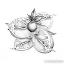 a lemon fruit with two leaves attached to it, leaves are made out of mone tattoo design idea
