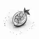 a lemon fruit with two leaves attached to it, leaves are made out of mone tattoo design idea