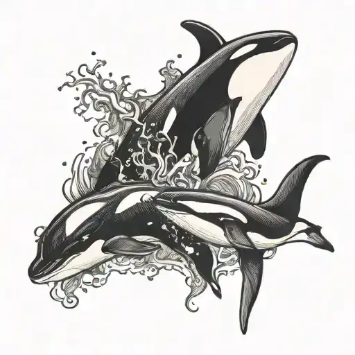 1 small orca and one big orca with scuba diver exploring tattoo design idea