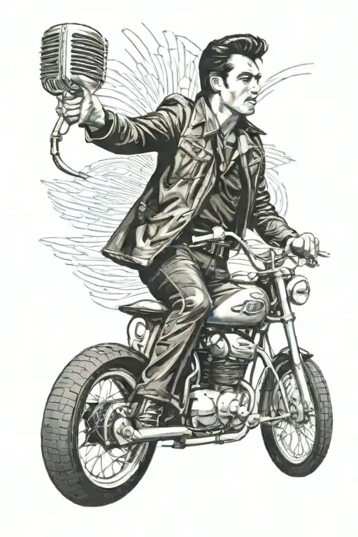 elvis presley on a motorcycle with a vintage microphone in the foreground tattoo design idea