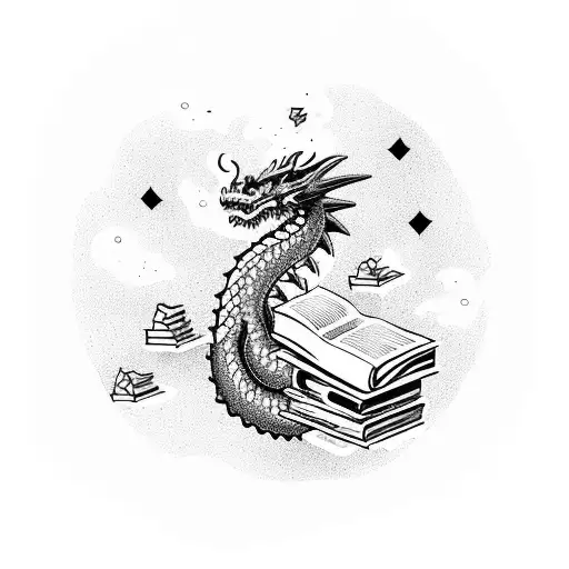 A majestic Storm Dragon curled around a stack of books, with constellations floating above tattoo design idea