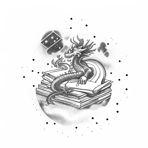 A majestic Storm Dragon curled around a stack of books, with constellations floating above tattoo design idea