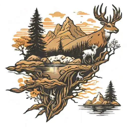Draw me a tattoo that has wildlife, rivers, mountains, and trees  tattoo design idea