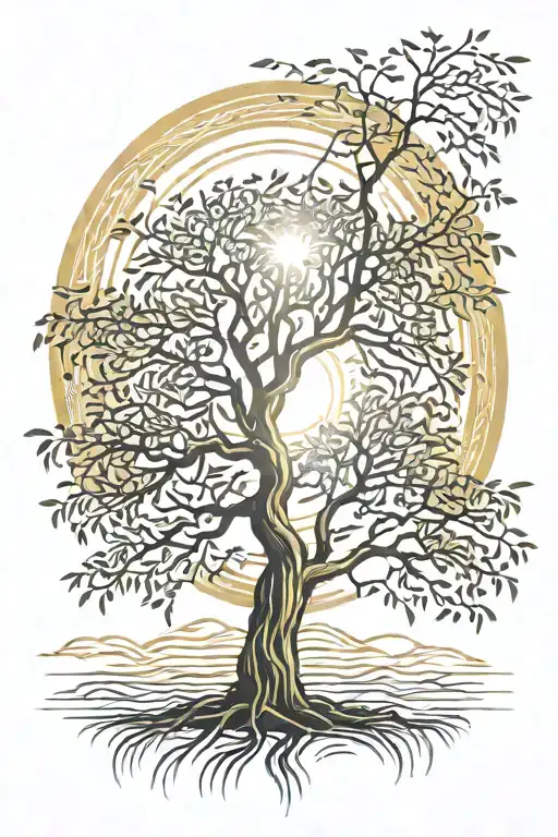 Willow Tree with the sun shining behind it tattoo design idea