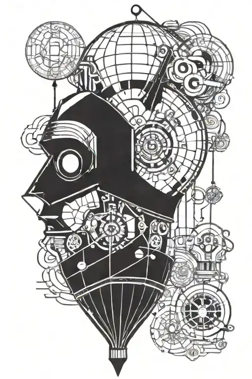 Hot Air Balloon with the face of a robot court jester tattoo design idea