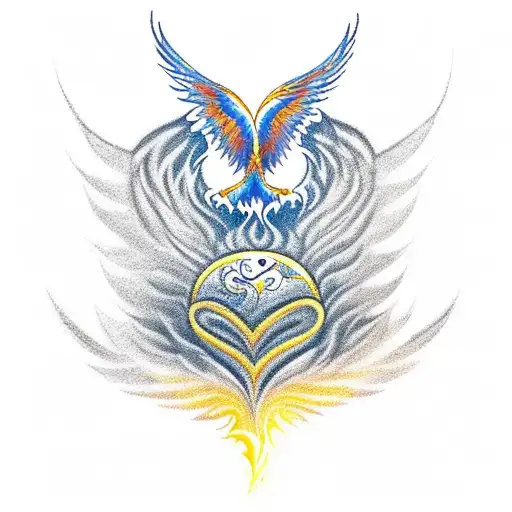 Design a Phoenix rising from ashes with symbolic wings representing my personal journey, heartbreaks, and growth. Add su tattoo design idea
