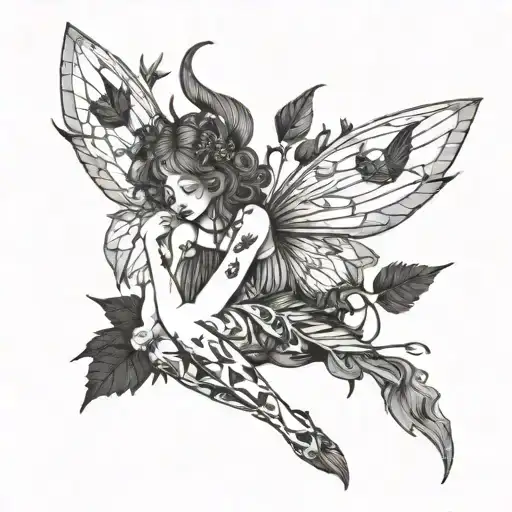 skinny forest fairy with devil wings tattoo design idea