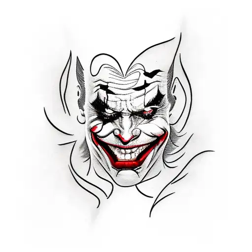 Joker Tattoo saying "Why So Serious!" with his mouth below and Laughter words below the mouth after. With fire effects  tattoo design idea