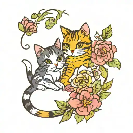 cats playing in flowers tattoo design idea