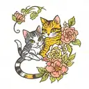 cats playing in flowers tattoo design idea