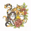cats playing in flowers tattoo design idea