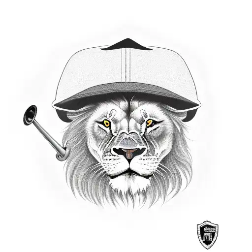 A lion wearing a trucker hat and playing a trombone tattoo design idea