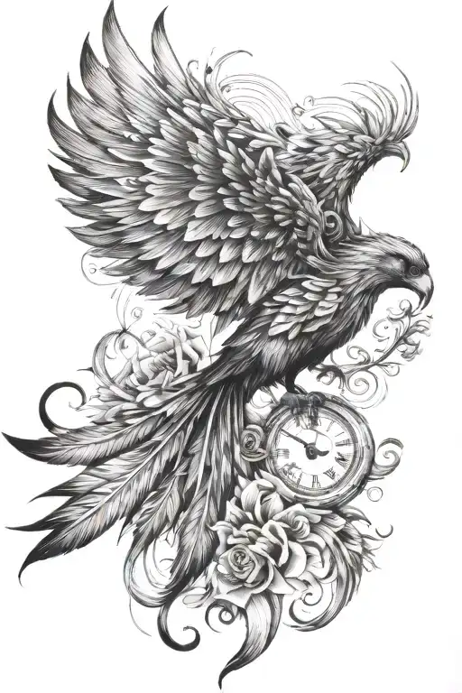 Phoenix flying and a clock and flowers tattoo design idea