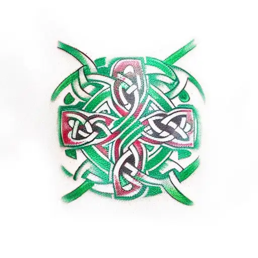 A traditional-style sleeve tattoo with various Irish symbols like shamrocks, Celtic knots, and a pot of gold, representing the client's love for Ireland tattoo design idea