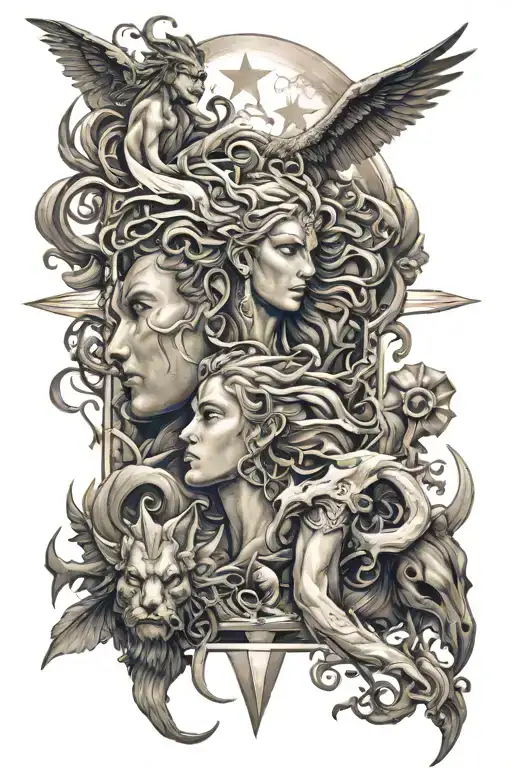 a combination of mythological gods and goddesses who wield lighting all working together to create one lighting bolt.  tattoo design idea