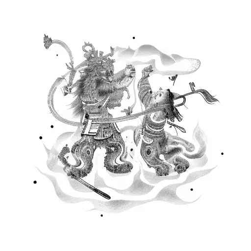 A black and grey foo dog and samurai battling it out with music notes in the background tattoo design idea