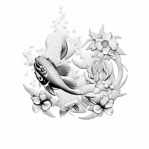 A stylish chrome hearts logo surrounded by flowers and koi fish tattoo design idea