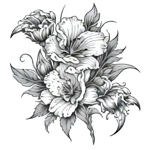 poppy, gladiolus, aster, and mining gold flowers growing tattoo design idea