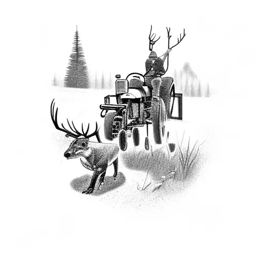 Design a tattoo featuring a hunting scene with a tractor in the background tattoo design idea