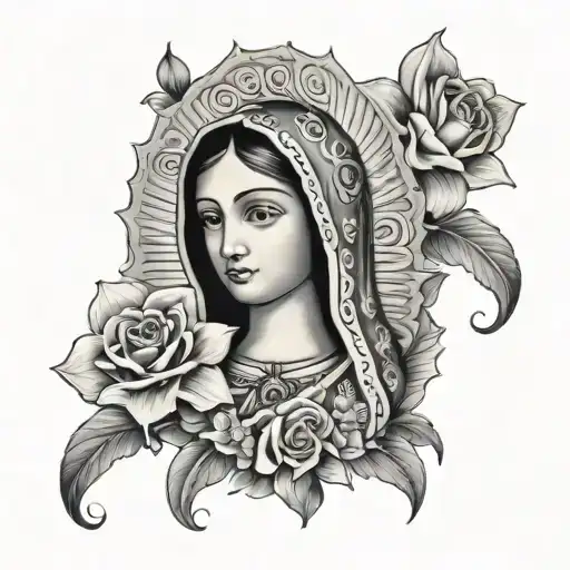 our lady of Guadalupe with flowers and angels  tattoo design idea