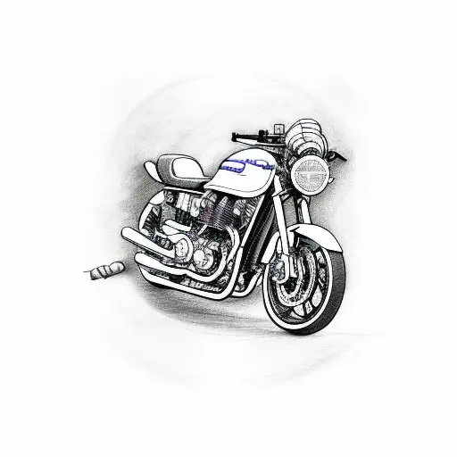 A detailed blueprint of a motorcycle engine with musical notes incorporated tattoo design idea