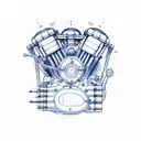 A detailed blueprint of a motorcycle engine with musical notes incorporated tattoo design idea