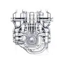 A detailed blueprint of a motorcycle engine with musical notes incorporated tattoo design idea