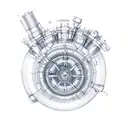 A detailed blueprint of a motorcycle engine with musical notes incorporated tattoo design idea