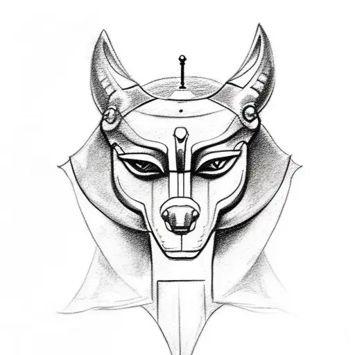 Create a tattoo sketch of Anubis, featuring the head and torso, holding a staff in hand. There should be a moon position tattoo design idea