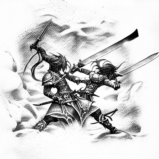 epic sword battle overlooking a castle tattoo design idea