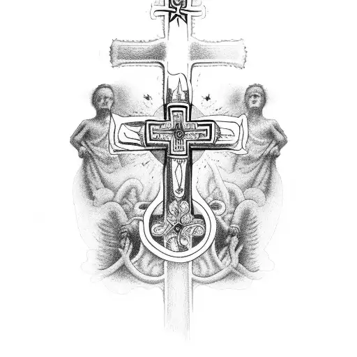 religious cross with children's birth dates tattoo design idea
