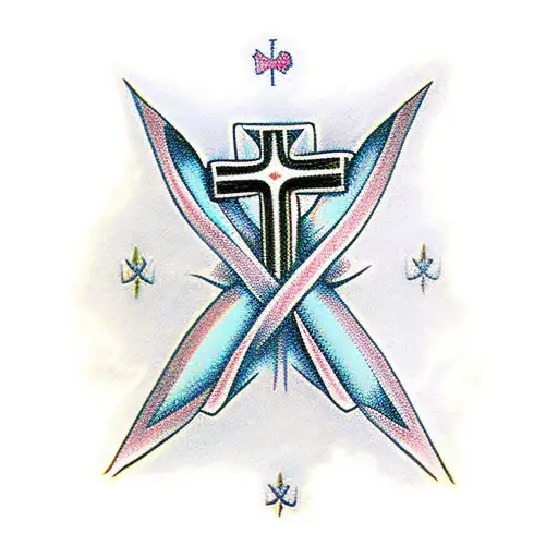 religious cross with children's birth dates tattoo design idea