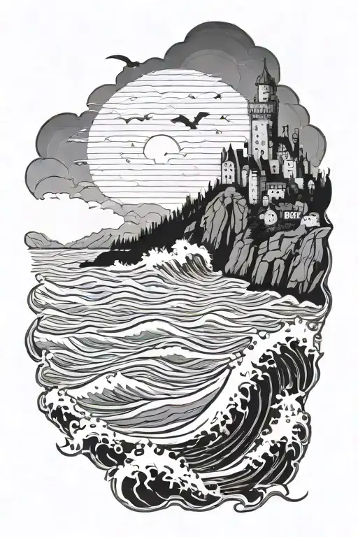 draculas castle ontop of steep cliff spooky waves crashing in  tattoo design idea