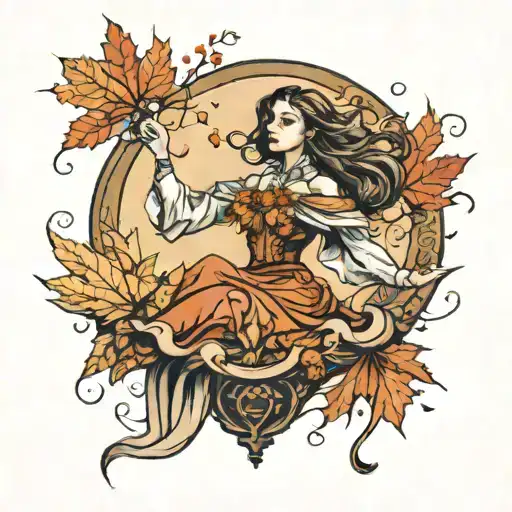 girl on top of autumn with dress blowing in the wind tattoo design idea