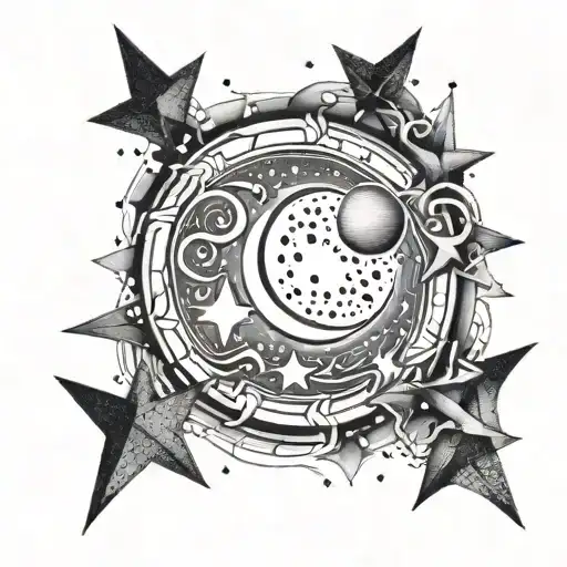 flashes of light with stars and moon tattoo design idea