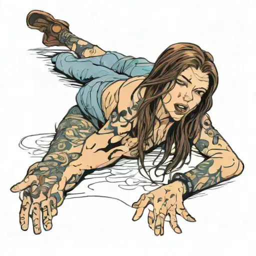 white girl, brown straight hair, wet, lascivious on floor, mouth in extasy tattoo design idea