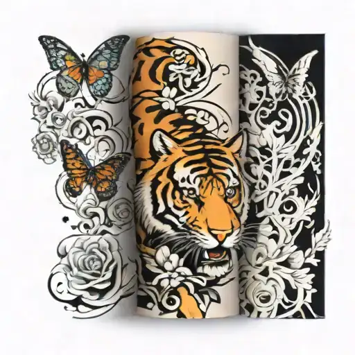Arm sleeve featuring horror at the bottom, tiger in the middle, butterflies at the top  tattoo design idea