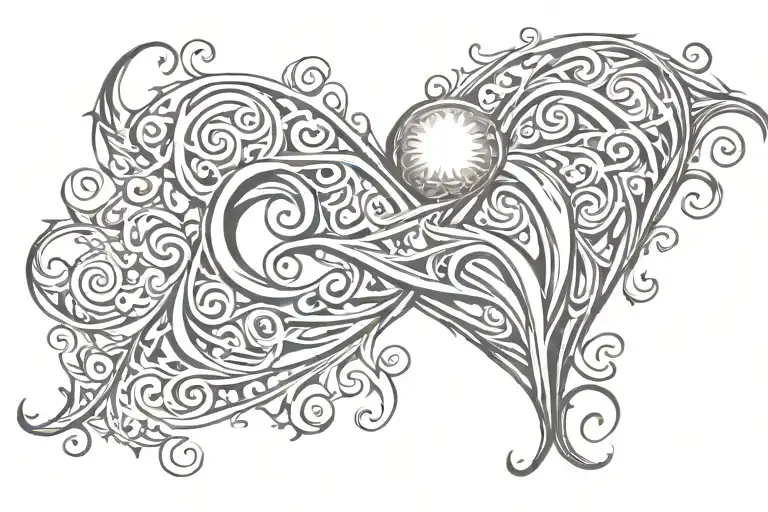 sun, wave, heart, mauri twisted symbol intertwined tattoo design idea