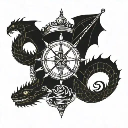 dragon, sailing, v twin motor piston tattoo design idea