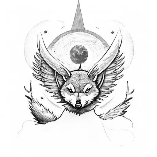 male angel with horns in a forest big moon with wolves raccoons and a squirrel tattoo design idea
