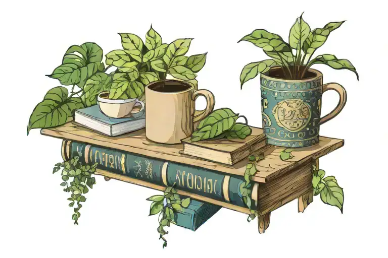 1 level wrap around wooden shelf with books, pothos plant, coffee mug tattoo design idea