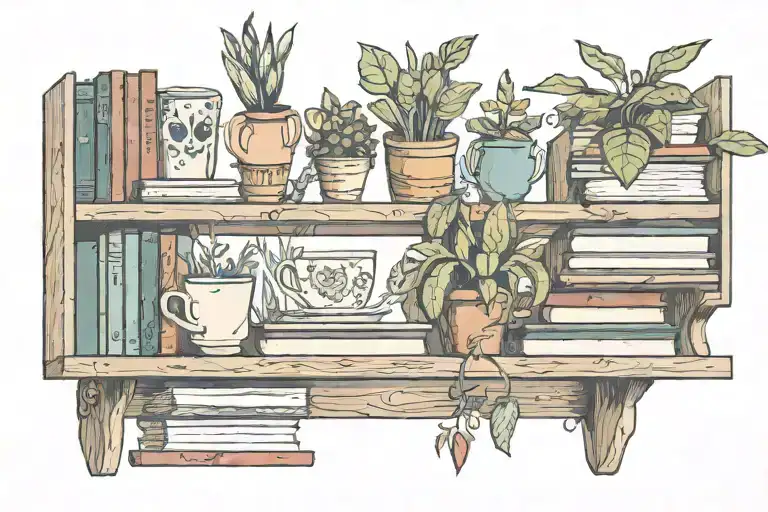 wooden shelf with whimsical books plants coffee mug  tattoo design idea