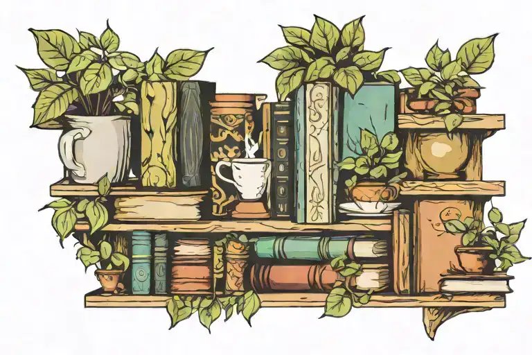 1evel wrap around wooden shelf with books, pothos plant, coffee mug tattoo design idea