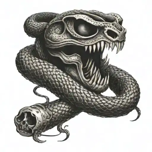 A snake weaving through a Yamaha logo, with a skull and guns hidden within the design tattoo design idea