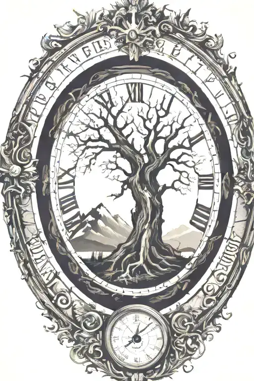 Tree of life inside a clock that don't over lap. mountain in the background and lake in the foreground.  tattoo design idea