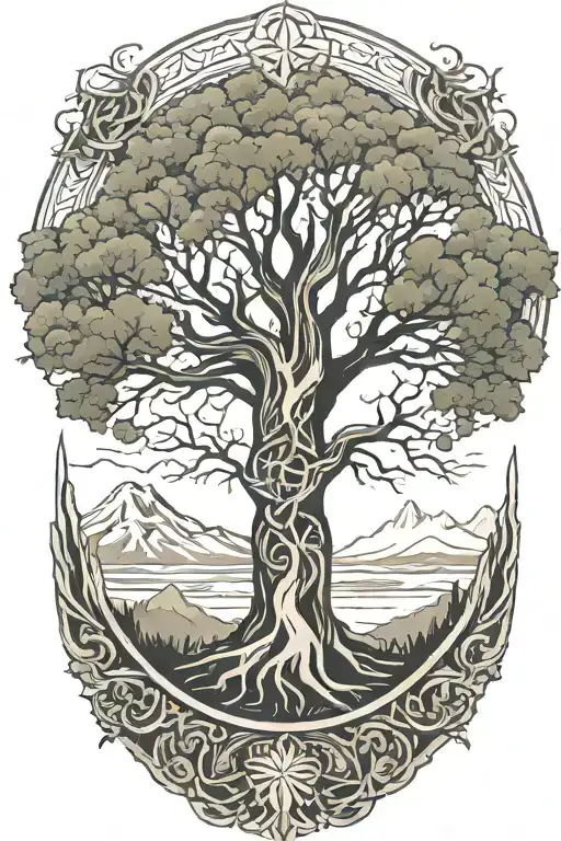 tree of life intertwined with mountains and a river without a border tattoo design idea