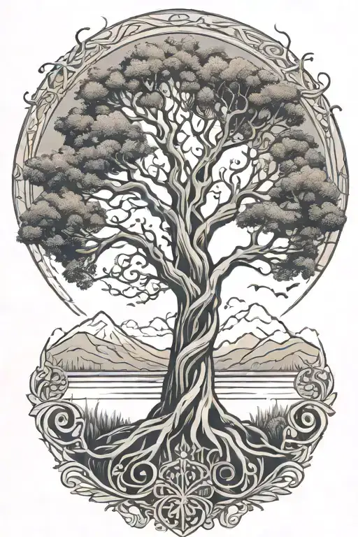 tree of life intertwined with mountains and a river without a border tattoo design idea