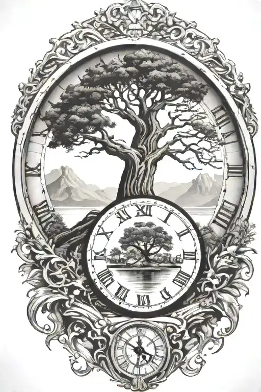Tree of life inside a clock that don't over lap. mountain in the background and lake in the foreground.  tattoo design idea