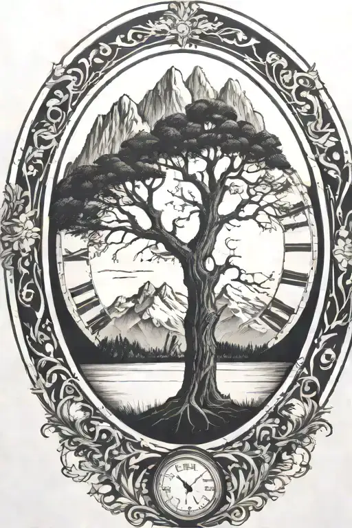 Tree of life inside a clock that don't over lap. mountain in the background and lake in the foreground.  tattoo design idea