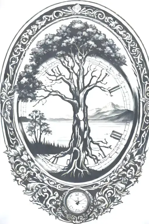 Tree of life inside a clock that don't over lap. mountain in the background and lake in the foreground.  tattoo design idea
